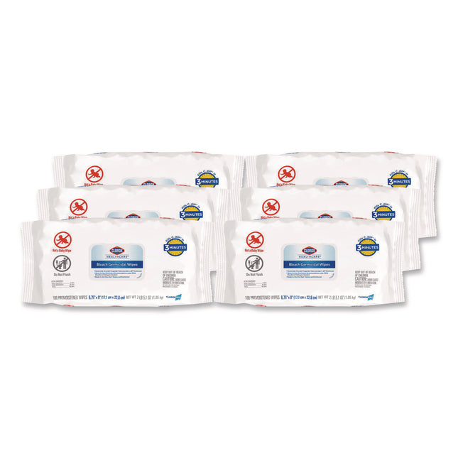 Bleach Germicidal Wipes, Disinfectant Wipes, 1-Ply, 6.75 x 9, Unscented, White, 100 Wipes/Flex-Pack, 6 Flex-Packs/Carton