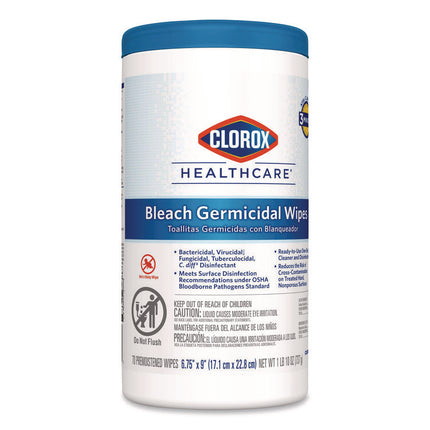 Bleach Germicidal Wipes, 1-Ply, 6.75 x 9, Unscented, White, 70/Canister