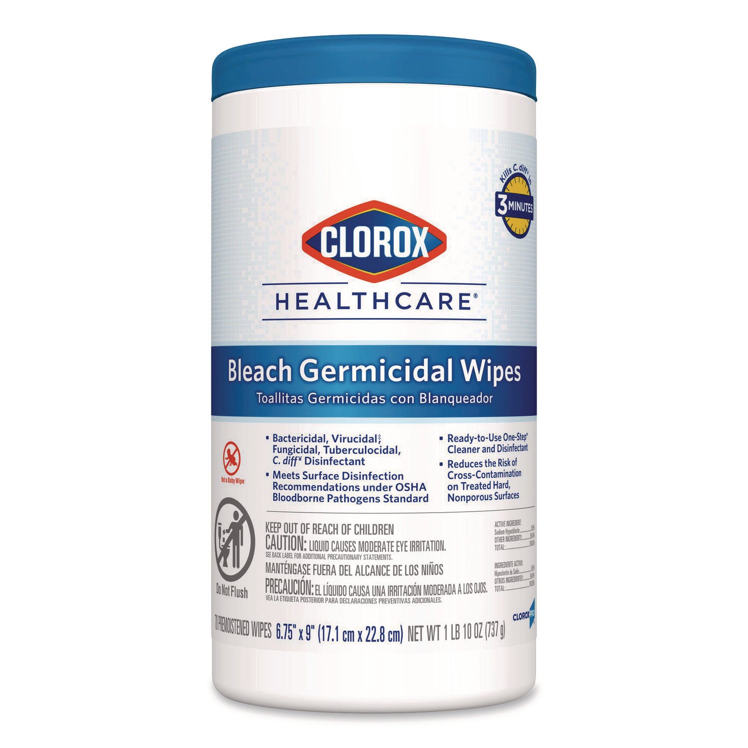 Bleach Germicidal Wipes, 1-Ply, 6.75 x 9, Unscented, White, 70/Canister