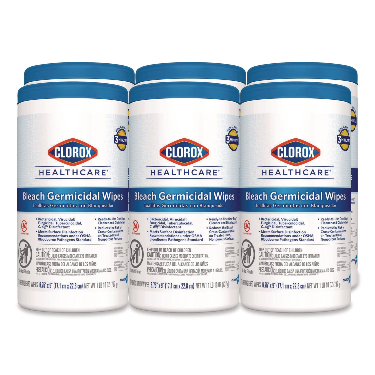 Bleach Germicidal Wipes, 1-Ply, 6.75 x 9, Unscented, White, 70/Canister, 6 Canisters/Carton