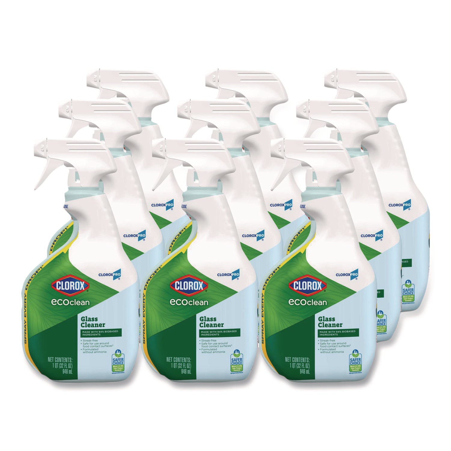 Clorox Pro EcoClean Glass Cleaner, Unscented, 32 oz Spray Bottle, 9/Carton