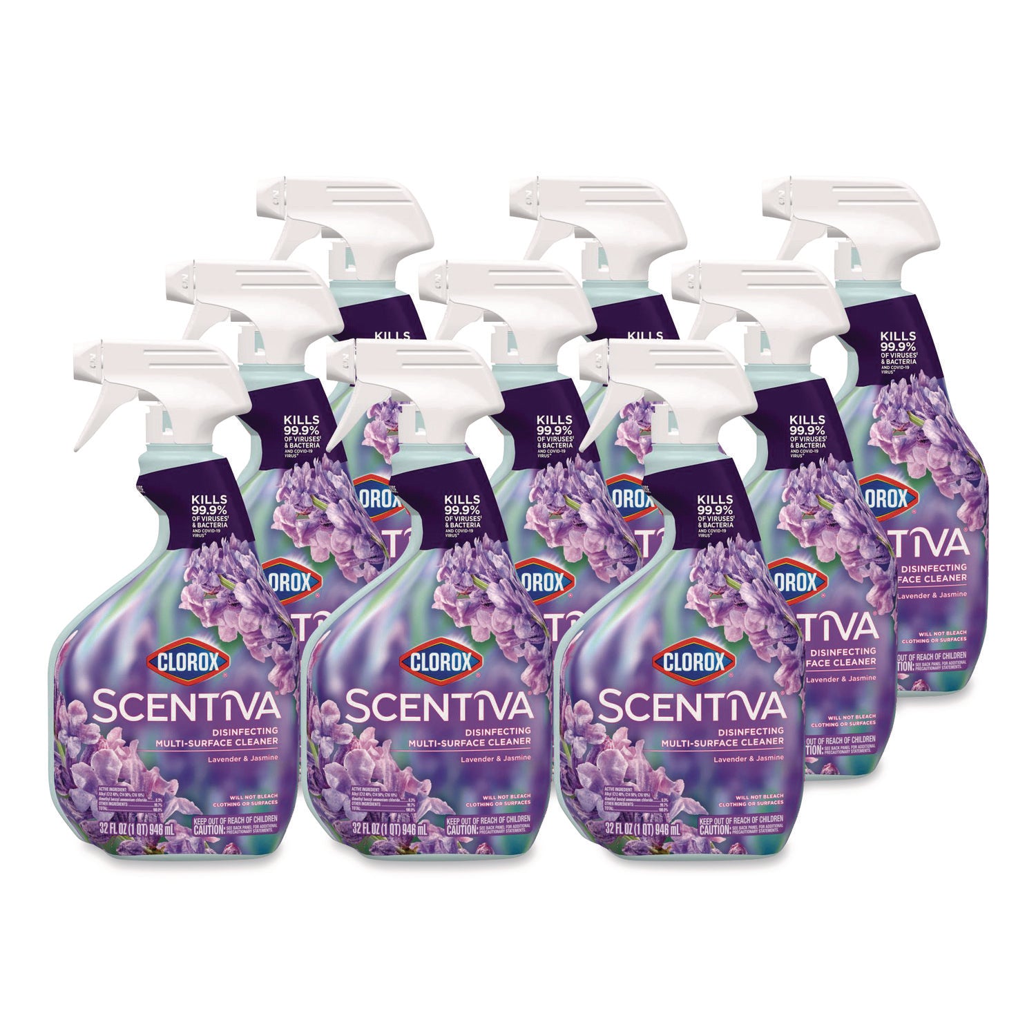 Scentiva Disinfecting Multi-Surface Cleaner, Bleach Free, Lavender and Jasmine, 32 oz Spray Bottle, 9/Carton