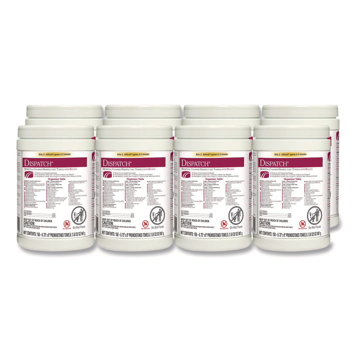 Dispatch Hospital Cleaner Disinfectant Towels w/Bleach, 1-Ply, 6.75 x 8, Unscented, White, 150/Canister, 8 Canisters/Carton