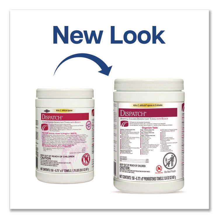 Dispatch Hospital Cleaner Disinfectant Towels with Bleach, 1-Ply, 6.75 x 8, Unscented, White, 150/Canister