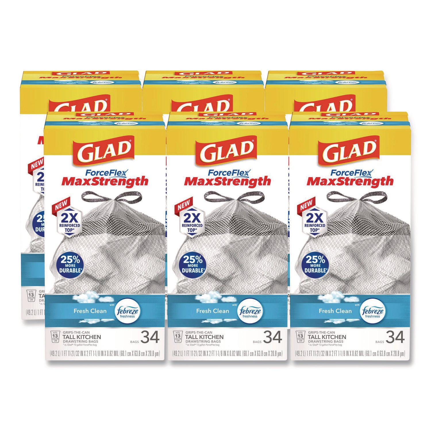 ForceFlex MaxStrength Tall Kitchen Drawstring Trash Bags, 13 gal, Fresh Clean Scent, 24 x 28, White, 34/Box, 6 Boxes/Carton