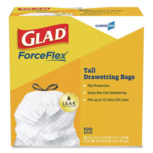 CloroxPro ForceFlex Tall Kitchen Drawstring Trash Bags, 13 gal, 24 x 27.38, Gray, 100/Box