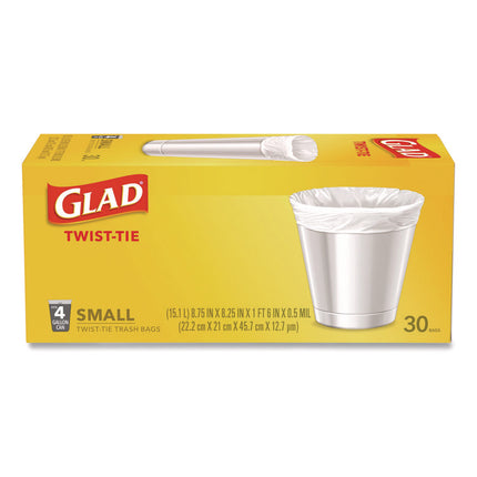Small Twist-Tie Trash Bags, 4 gal, 0.74 mil, 23 x 21.63, White, 30/Box