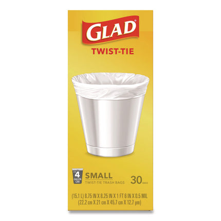 Small Twist-Tie Trash Bags, 4 gal, 0.74 mil, 23 x 21.63, White, 30/Box