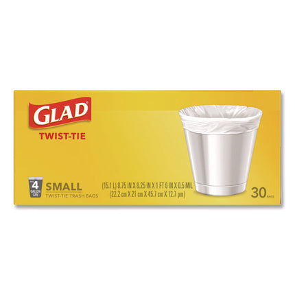 Small Twist-Tie Trash Bags, 4 gal, 0.74 mil, 23 x 21.63, White, 30/Box