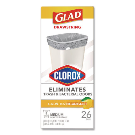 Medium Drawstring Trash Bags with Clorox, 8 gal, Lemon Fresh Bleach Scent, 0.74 mil, 23" x 21.63", Gray, 26/Box