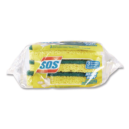 Heavy Duty Scrubber Sponge, 2.5 x 4.5, 0.9" Thick, Yellow/Green, 3/Pack, 8 Packs/Carton
