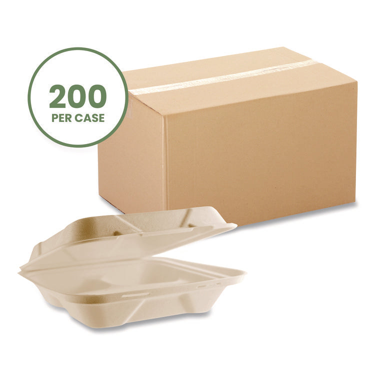 Nourish Molded Fiber Takeout Containers, Compostable, 3 Compartments, 5 x 9 x 2, White, Sugarcane, 200/Carton