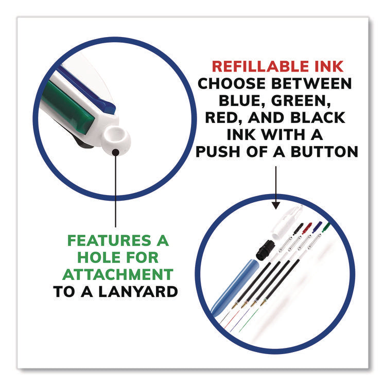4-Color Multi-Color Ballpoint Pen, Retractable, Medium 1 mm, Black/Blue/Green/Red Ink, Blue/White Barrel, 12/Box