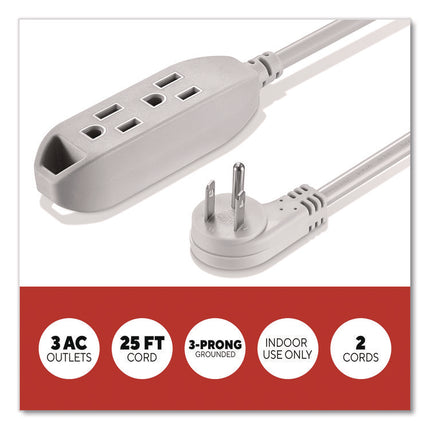TECH 25 ft Extension Cord, 25 ft, 13 A, Gray, 2/Pack