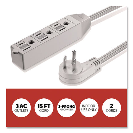 TECH 15 ft Extension Cord, 15 ft, 13 A, Gray, 2/Pack