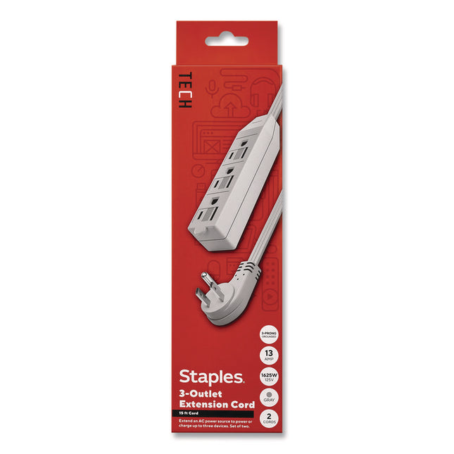 TECH 15 ft Extension Cord, 15 ft, 13 A, Gray, 2/Pack