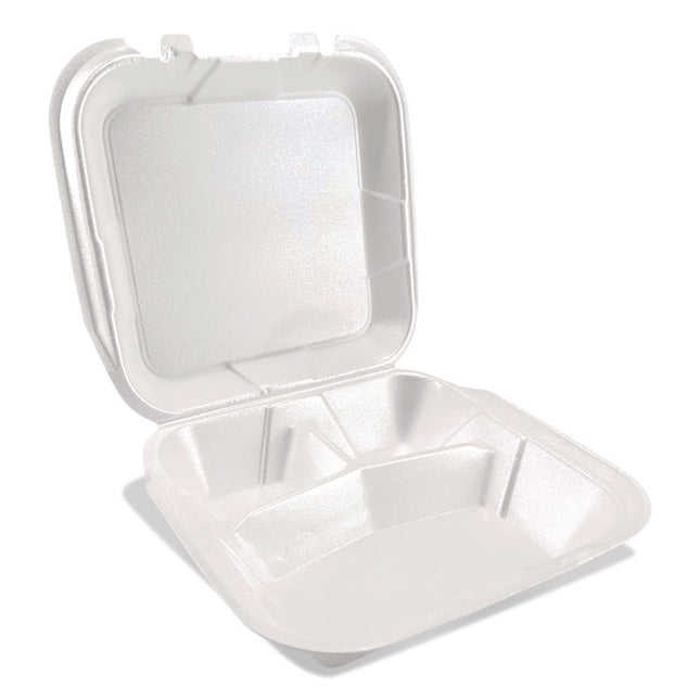 Foam Hinged Lid Containers, 3-Compartment, 9 x 10 x 3, White, Foam, 200/Carton