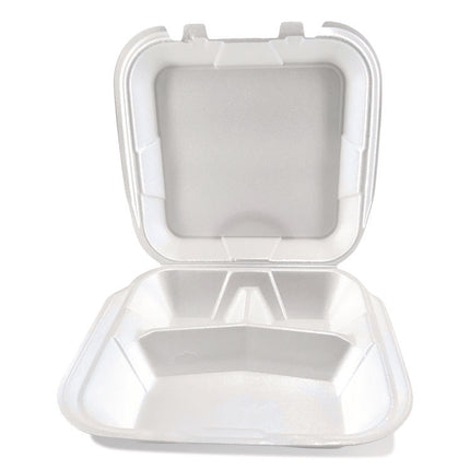 Foam Hinged Lid Containers, 3-Compartment, 9 x 10 x 3, White, Foam, 200/Carton