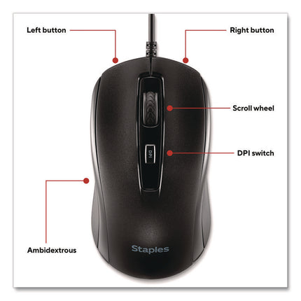 TECH Ambidextrous Optical Wired Mouse, USB 2.0, Left/Right Hand Use, Black
