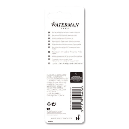 Refill For Waterman Ballpoint Pens, Medium Conical Tip, Black Ink