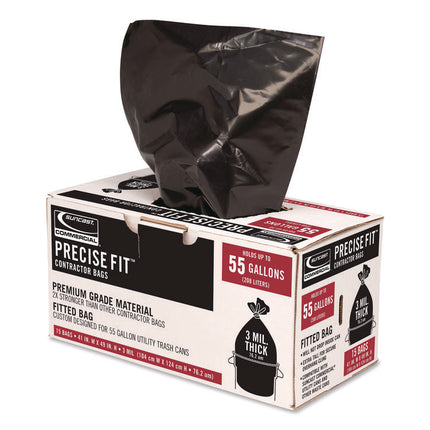 Precise Fit Contractor Bag, Open-Face, 55 gal, 3 mil, 41" x 49", Black, 15/Box