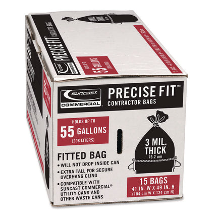 Precise Fit Contractor Bag, Open-Face, 55 gal, 3 mil, 41" x 49", Black, 15/Box