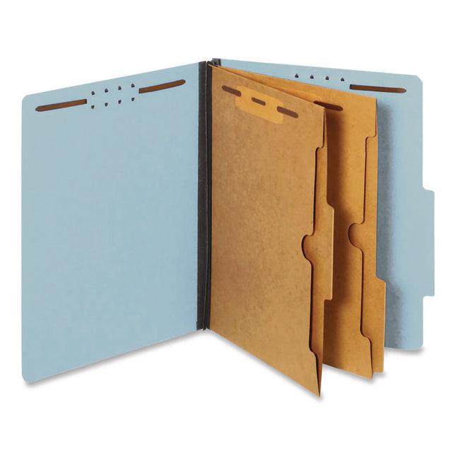 Pressboard Classification Folders with Two Full-Pocket Dividers, 2.5" Expansion, 6 Fasteners, Letter Size, Light Blue, 10/Box