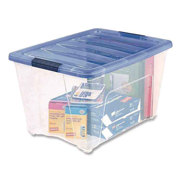 Stack and Pull Latching Flat Lid Storage Box, 13.5 gal, 22" x 16.5" x 13.03", Clear/Translucent Blue
