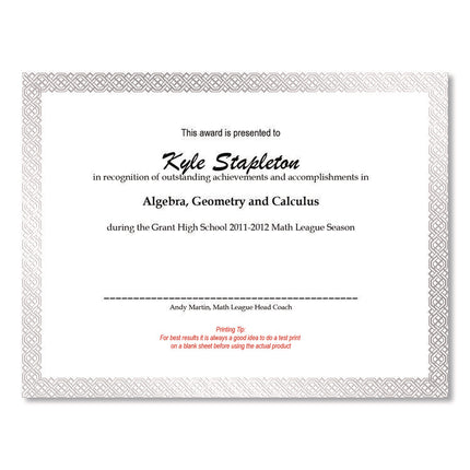 Foil Border Certificates, 8.5 X 11, Ivory/silver, Braided With Silver Border, 15/pack