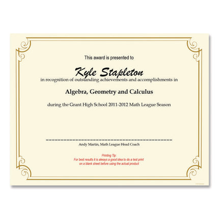Golden Scroll Frame Foil Certificate, 11 x 8.5, Beige with Gold Scroll Border, 12/Pack