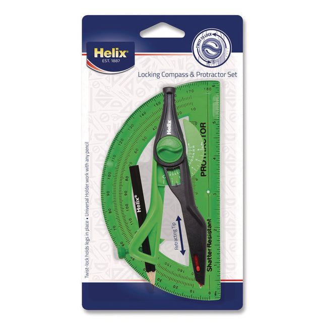 Locking Compass and Protractor Set, 12" Maximum Diameter, 6" Ruler Edge, Randomly Assorted Colors