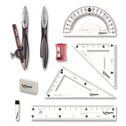 Metal Compass and Geometry Set, Metal/Plastic, Black/Clear, 10 Pieces
