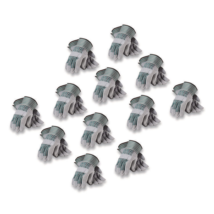 Bronze Series Leather/fabric Work Gloves, Large (size 9), Gray/green, 12 Pairs