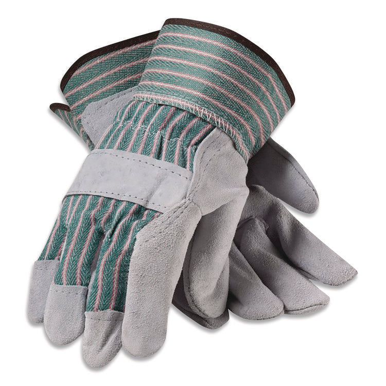 Bronze Series Leather/fabric Work Gloves, Medium (size 8), Gray/green, 12 Pairs