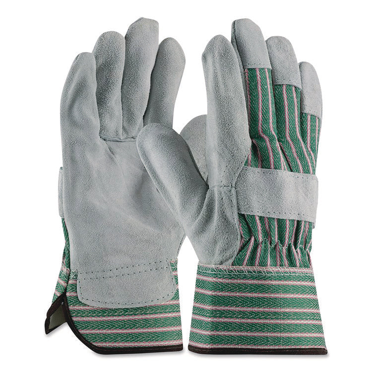 Bronze Series Leather/fabric Work Gloves, Medium (size 8), Gray/green, 12 Pairs