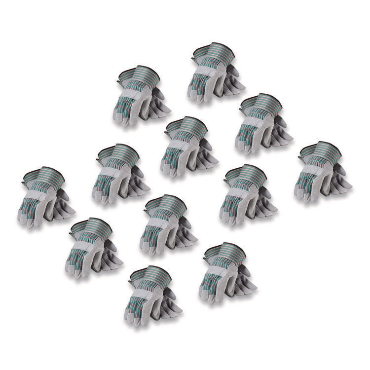 Bronze Series Leather/fabric Work Gloves, Medium (size 8), Gray/green, 12 Pairs