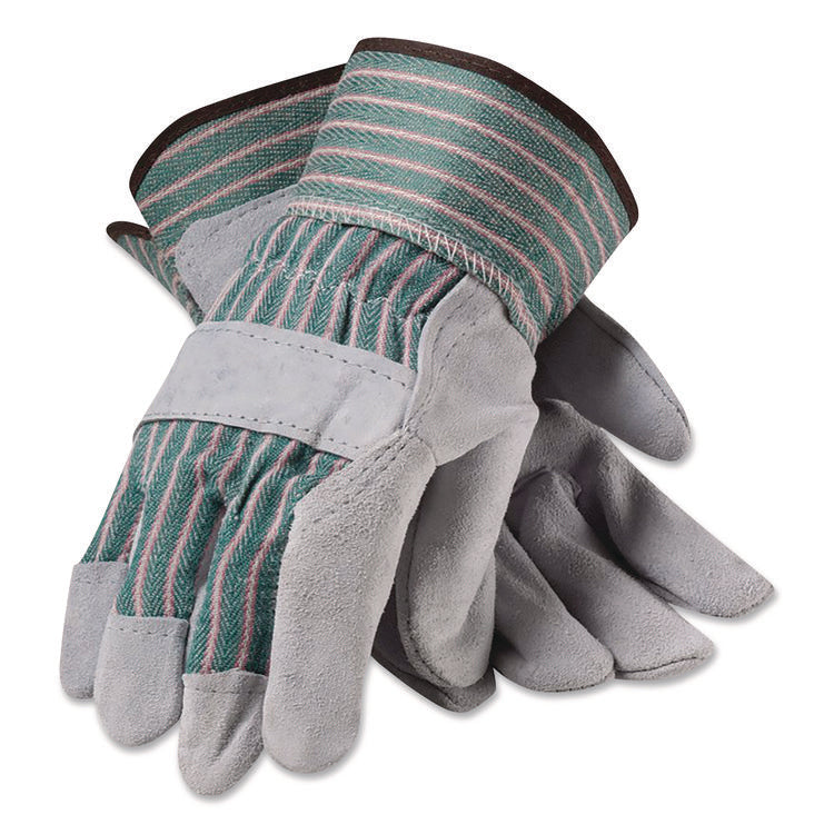 Bronze Series Leather/fabric Work Gloves, Small (size 7), Gray/green, 12 Pairs