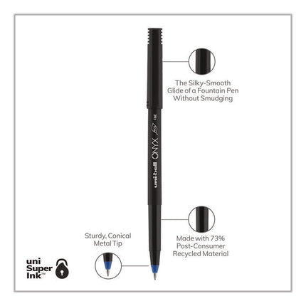 ONYX Rollerball Pen, Stick, Fine 0.7 mm, Blue Ink, Black/Blue Barrel, Dozen