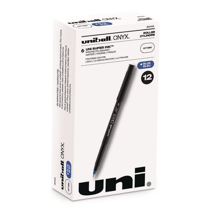 ONYX Rollerball Pen, Stick, Fine 0.7 mm, Blue Ink, Black/Blue Barrel, Dozen