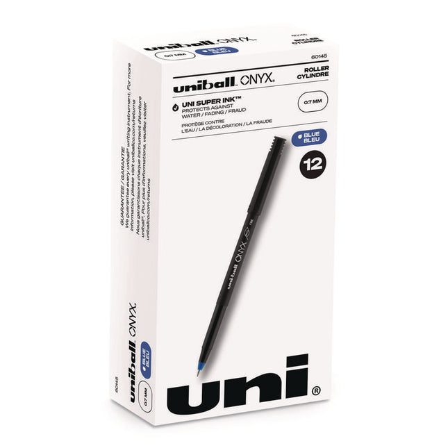 ONYX Rollerball Pen, Stick, Fine 0.7 mm, Blue Ink, Black/Blue Barrel, Dozen
