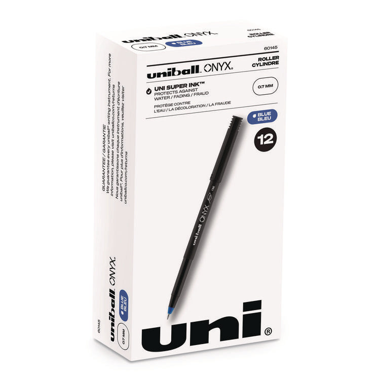 ONYX Rollerball Pen, Stick, Fine 0.7 mm, Blue Ink, Black/Blue Barrel, Dozen