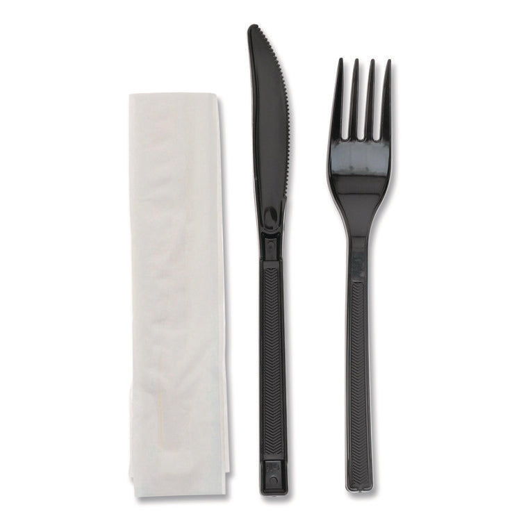 Gardenware Cutlery Kit, Individually Wrapped, Heavyweight, Fork/Knife/Napkin, Plastic, Black, 500/Carton