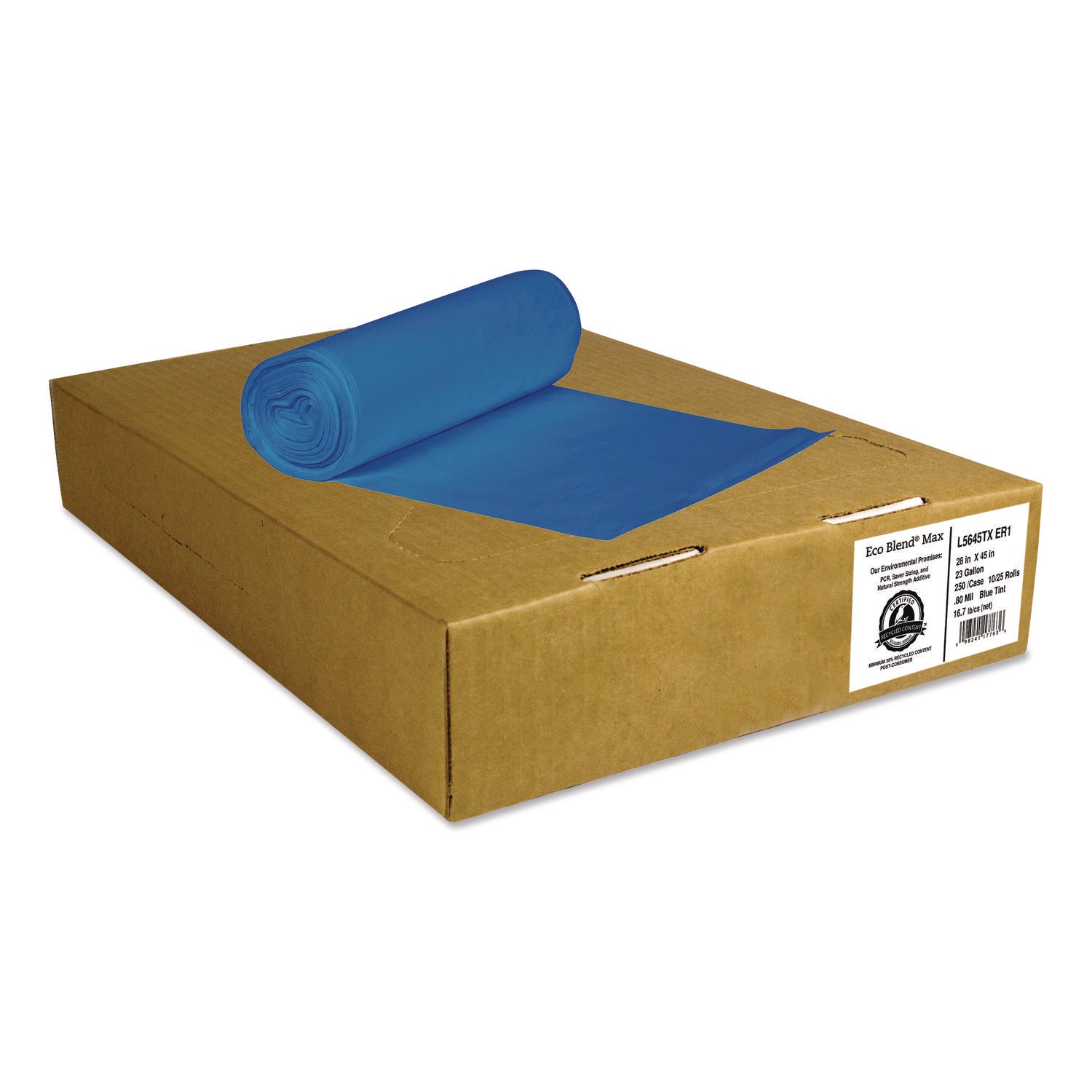Eco Blend Max Can Liners, 23 gal, 0.8 mil, 28" x 45", Blue, 25 Bags/Roll, 10 Rolls/Carton