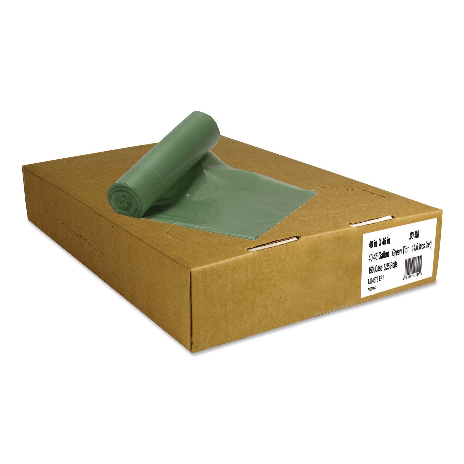 Eco Blend Max Can Liners, 45 gal, 0.8 mil, 40" x 46", Green, 25 Bags/Roll, 6 Rolls/Carton