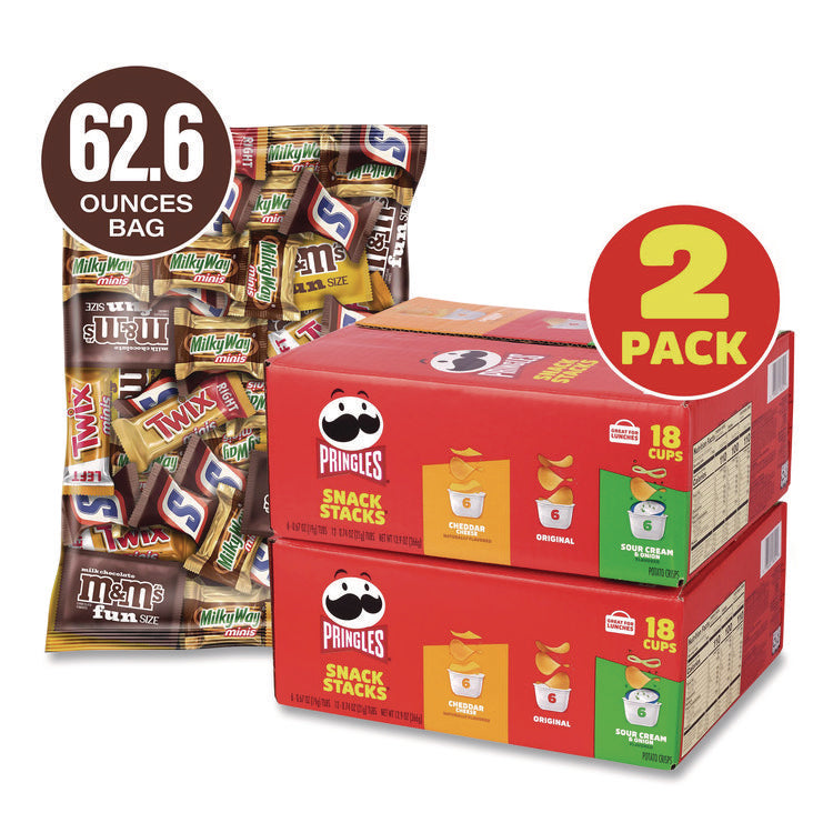 Mini Milk Chocolate and Pringles Snack Stacks Variety Combo Pack, 62 oz Bag Mini/Fun Size, (36) Cups Assorted Flavors/Bundle