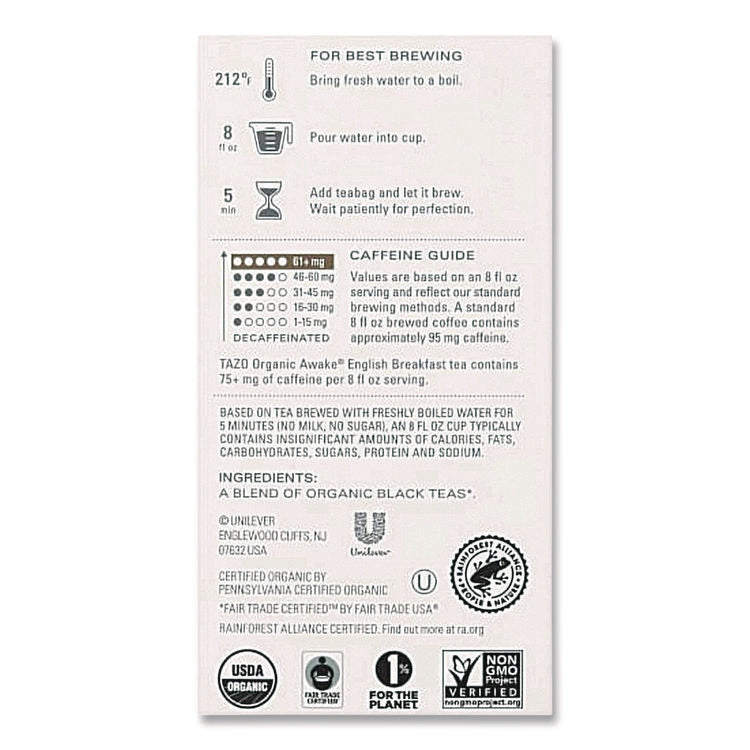 Tea Bags, Organic Awake English Breakfast, 16/Box