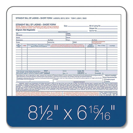 Bill of Lading - Short Form for Up to Ten Articles, Three-Part Carbonless, 8.5 x 6.94, 50 Forms Total