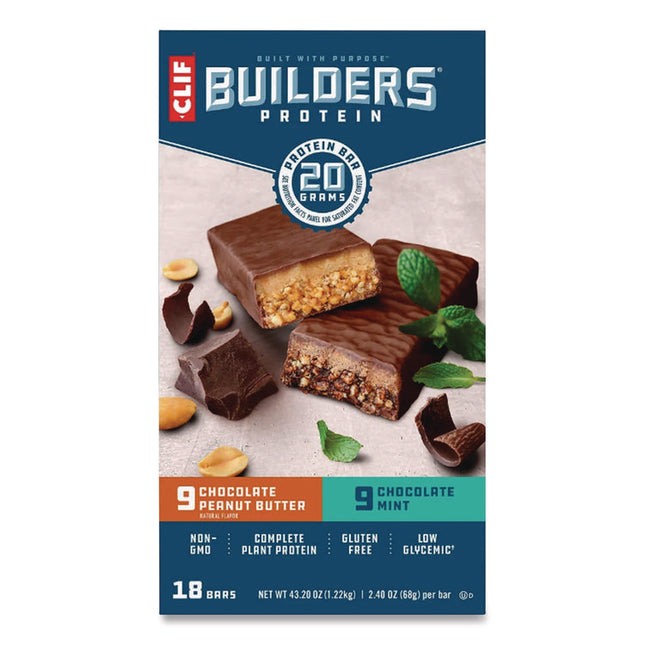 Builders Protein Bar, Chocolate Mint/Chocolate Peanut Butter, 2.4 oz Bar, 18 Bars/Box