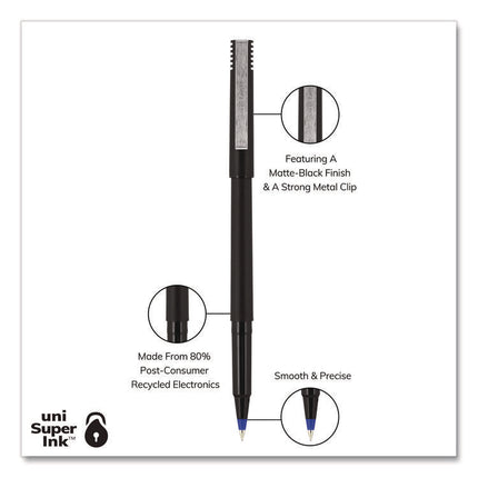 Rollerball Pen, Stick, Extra-Fine 0.5 mm, Blue Ink, Black/Blue Barrel, Dozen