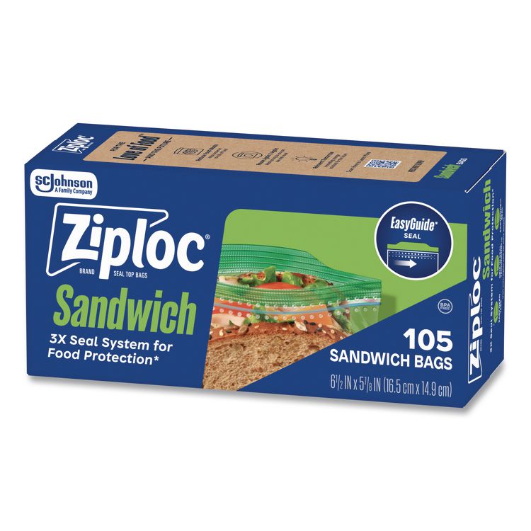 Resealable Sandwich Bags, 6.5" x 5.88", Clear, 105 Bags/Box, 12 Boxes/Carton